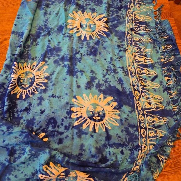 Vintage Boho Sun Tie Dye Sarong Scarf Beach Cover Up Blue Damage Resort Cruise - Picture 6 of 7